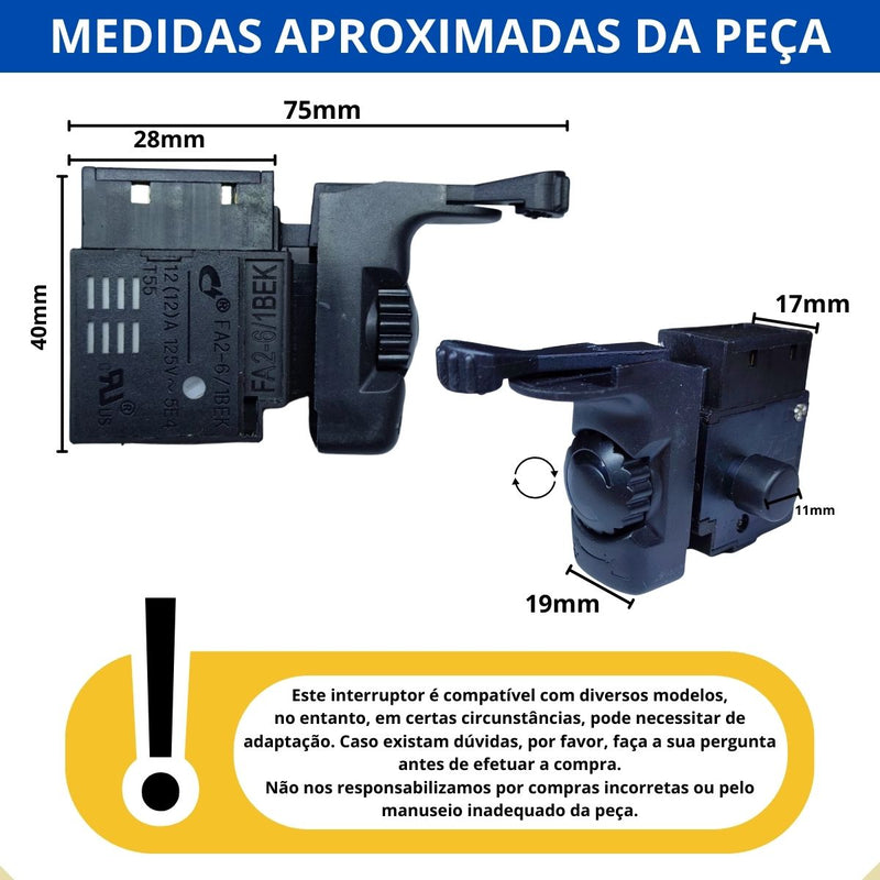 Interruptor gatilho p/ Furadeira Vonder Fiv852 Dwt Fid852